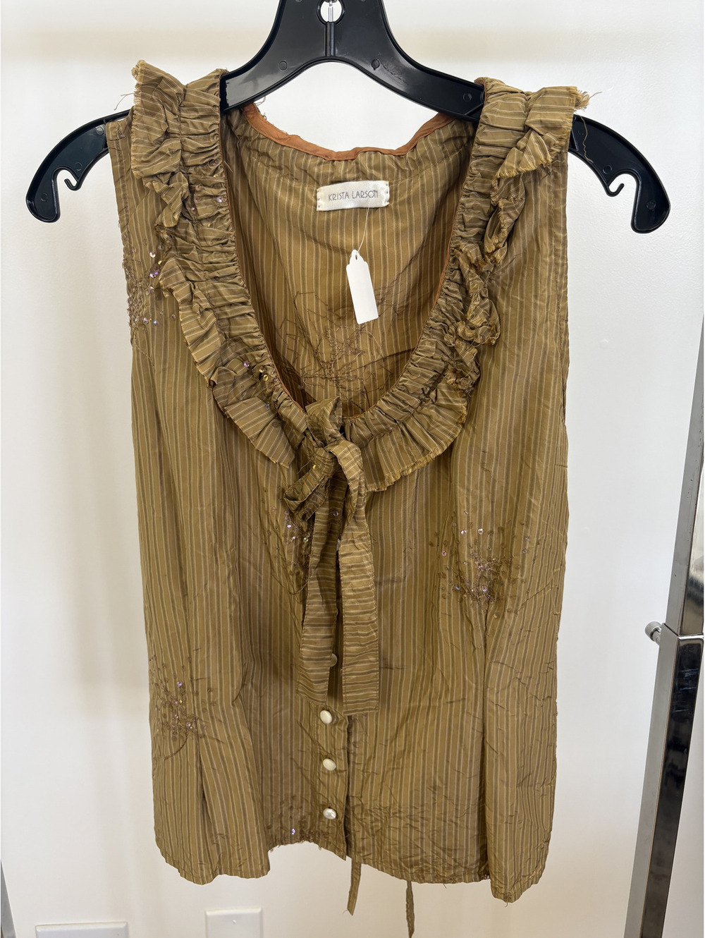Krista Larson Brown Striped Sequin Silk Top, Fits Medium